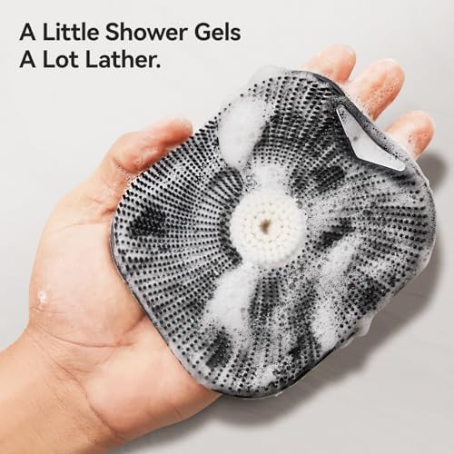 Zinc Infused Silicone Body Scrubber for Men, New Upgrade Deep Exfoliating Body Scrubber for Shower, Silicone Loofah Men for Sensitive Skin with Lathering Bristles and Ergonomic Non-Slip Handle (Black)