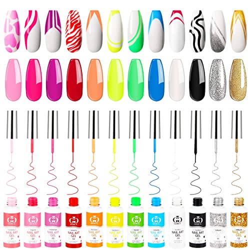 Nail Art Polish Set Gel Liner Kit For Nail Design Polish Paint For Nail 12 Colors Black White Gel Nail Polish Soak off Curing Requires 8ml with Thin Nail Art Brush