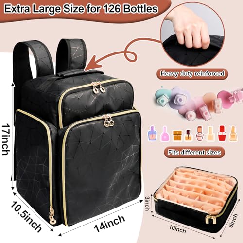 Elegant Black Backpack Organizer, Holds 126 Nail Bottles, Extra Large Nail Kit Supplies Storage with 3 Removable Cases, PU Leather Organizer for Travel