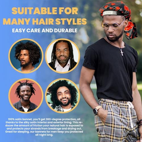 Premium Satin Hair Bonnet for Men Curly Hair, Dreadlock Loc Cap Silk Double Layer Sleeping & Shower Wrap Anime Bonnet Soft Band