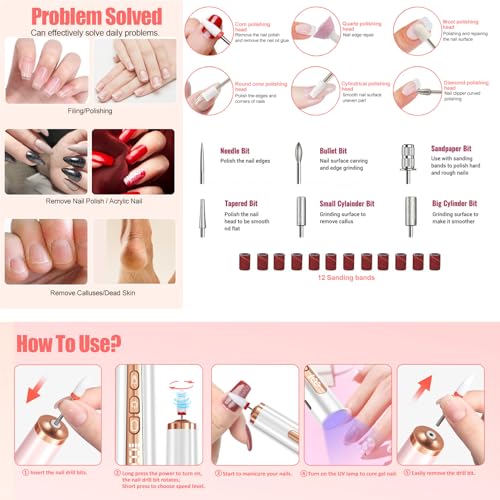 Electric Nail Drill with U V Light, Cordless Nail Drills Professional, Portable Electric Nail File Kit Rechargeable Efile Nail Drills for Acrylic Gel Nail Manicure Nail Drill Kit for Salon Home