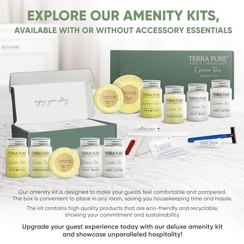 Terra Pure Green Tea Amenity Kit | Boxed Hotel Bulk Toiletries | 1 oz Shampoo, Conditioner, Lotion, Body Wash, Body Bar Soap for Guest Hospitality Vacation Rentals | 15 Sets/Case