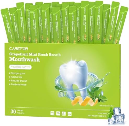 Travel Size Mouthwash Packets – Individual Mini, Alcohol & Fluoride Free, Grapefruit Mint Flavor, Mouthwash to Go for On-The-Go Freshness, Bulk Packets 0.41 Fl Oz