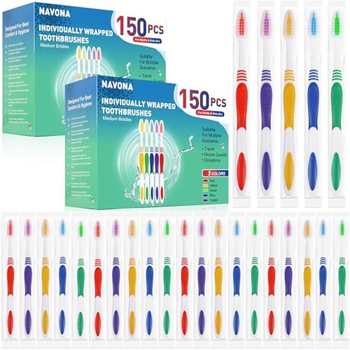 Navona 300 PCS Premium Individually Wrapped Bulk Toothbrush Pack, Disposable Toothbrushes, Kids Toothbrush, Medium Soft Bristle Toothbrushes, Ergonomics Handle, Perfect for Travel Hotel Donation