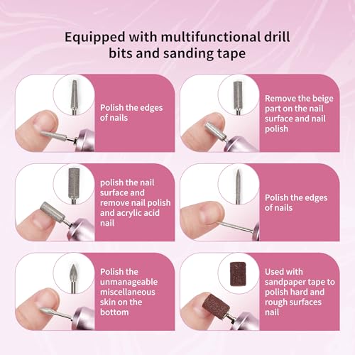 Professional Electric Nail Drill File,Cordless Portable Nail Drill 45000 RPM, Rechargeable Nail File Machine for Acrylic Nails Gel Polishing,Nail Kit for Manicure Salon Home（Pink）