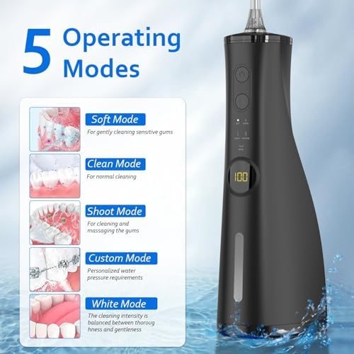 Water Dental Flosser Electric Oral Irrigator 300ML Large Tank 5 Replaceable Jet Tips IPX7 Waterproof Teeth Cleaner Flossing Cleaning Picks for Home and Travel