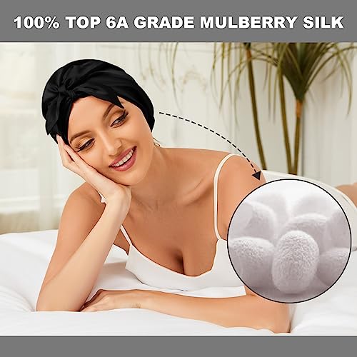 Natural 22 Momme 100% Mulberry Silk Bonnet for Sleeping, Soft Premium Grade 6A Silk Sleep Cap for Hair, Hair Wrap with Elastic Band (Black,1pc)