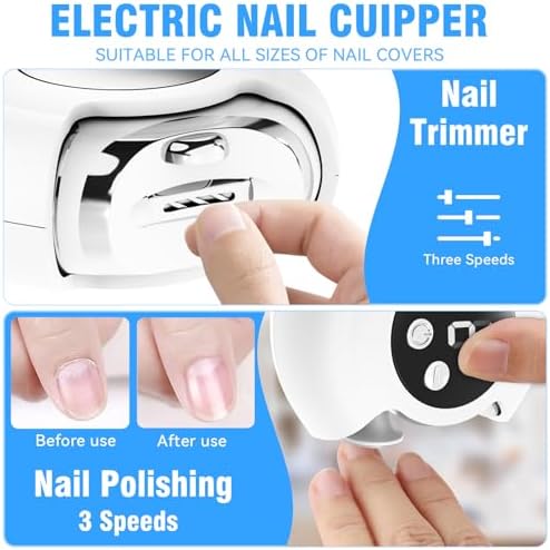 Electric Nail Clipper, 3 in 1 Electric Toenail Clippers for Seniors, 3 Speed Automatic Electric Nail Trimmer, Portable Fingernail Clipper with Led Light Rechargeable Electric Polishing for Women Men
