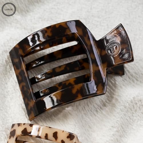 TELETIES - Large Flat Square Clip - For Lying Down, Yoga, Driving & More - Strong Grip, Bendable Teeth, Comfortable Curved Design - Ideal for Thick Hair - Core Collection - Tortoise