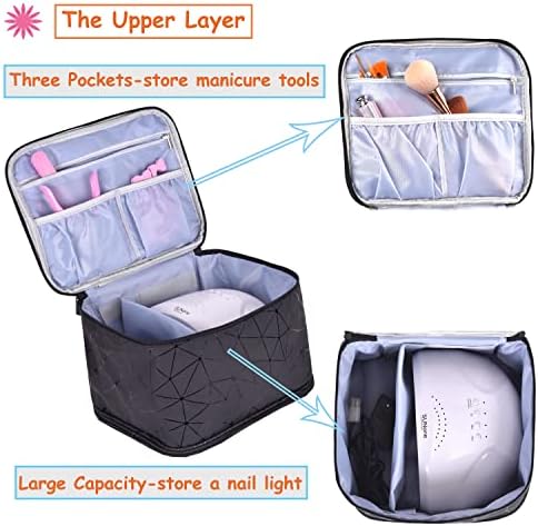 PU Leather Nail Polish Organizer and Nail Lamp Case, Nail Kit Organizer Holds 30+ Bottles (15ml - 0.5 fl.oz) and a Nail Lamp, Nail Polish Carrying Case with Manicure Tools Storage Sections