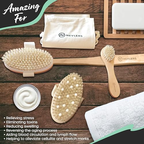 Nevlers Natural Boar Bristle Dry Brushing Body Brush 4-Piece Massage Set | Detachable Long Wooden Handled Back Scrubber, Exfoliating Body Scrubber, Small Exfoliating Face Brush, & Cloth Travel Bag
