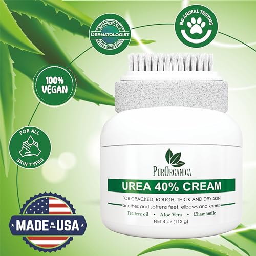 Urea 40% Foot Cream - Made in USA - Callus Remover - Moisturizes & Rehydrates Thick, Cracked, Rough, Dead & Dry Skin - For Feet, Elbows and Hands - With Pumice Stone and Brush