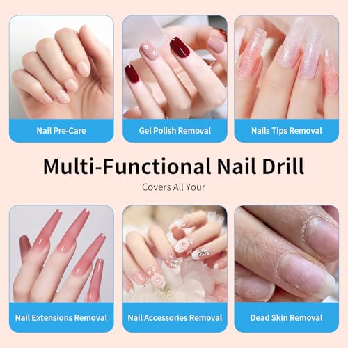 Electric Nail Drill Machine 45,000RPM - Professional Electric and Rechargeable Nail Drill with LCD Display, 6 Bits and 30 Sanding Bands, Low Heat Quiet E-File for Acrylic Gel Nails (Pink-01)