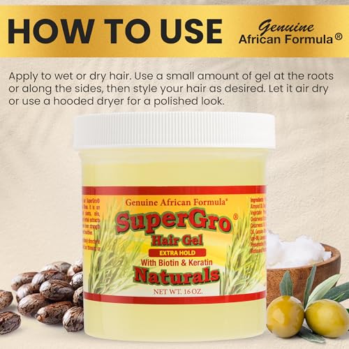 SuperGro Hair Gel with Extra Hold - For Braiding, Locking, Instant Edge Control, Twisting, Retwisting - Natural Grip Jam for Neat Shining - Braid, Loc Care Gel with Black Castor Oil - 16 oz