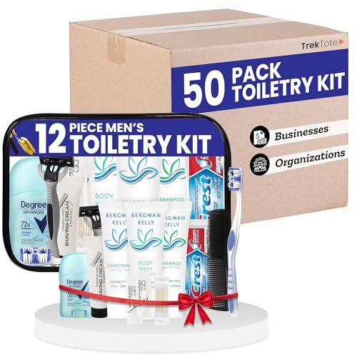 Trektote Travel Toiletry Kit For Men – (50 Pack) 12 Piece Set Of Travel Size Toiletries, TSA Compliant, Travel Essentials, Includes Shampoo And Conditioner, Body Wash, Toiletry Bag & More