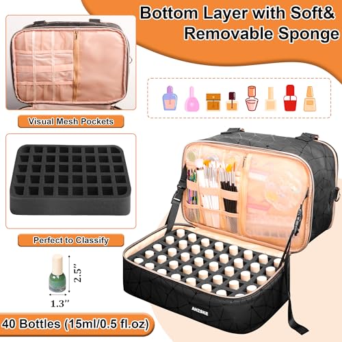 Nail Polish Organizer Bag Holds Nail Lamp& 50 Bottles (15ml/0.5fl.oz), PU Leather Nail Supplies Organizer Case with Shoulder& Holder Strap, Travel Nail Kit Storage for Manicure Tools (Black)