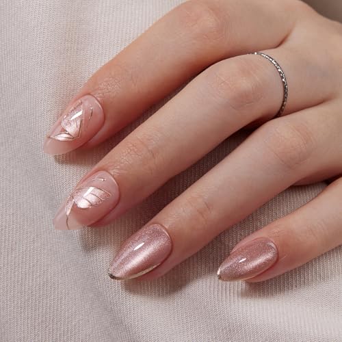 VSALON Press On Nails Short Almond - Pink Cat Eye Semi-Transparent Metallic Design Stick On Nails Kit for Women, Reusable Soft Gel Glue on Nails & Cuticle Oil, Tabs & Nail File - 32 PCS in 16 Sizes