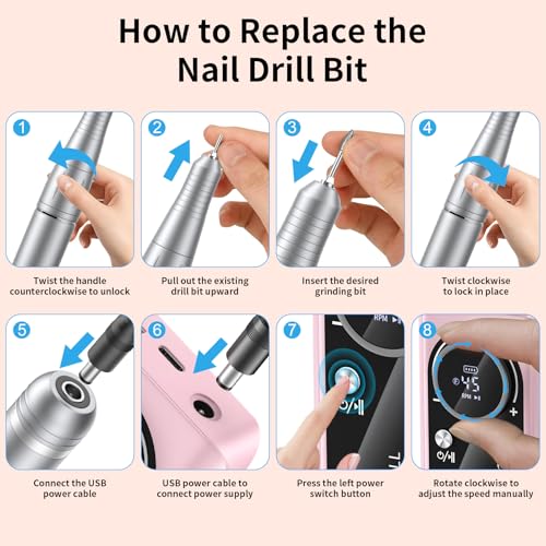 Electric Nail Drill Machine 45,000RPM - Professional Electric and Rechargeable Nail Drill with LCD Display, 6 Bits and 30 Sanding Bands, Low Heat Quiet E-File for Acrylic Gel Nails (Pink-01)