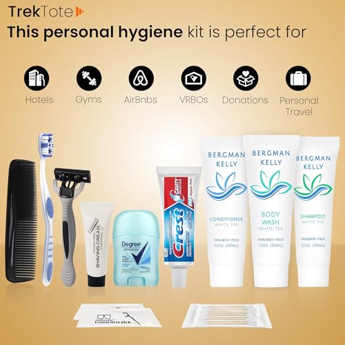 Trektote Travel Toiletry Kit For Men – (50 Pack) 12 Piece Set Of Travel Size Toiletries, TSA Compliant, Travel Essentials, Includes Shampoo And Conditioner, Body Wash, Toiletry Bag & More