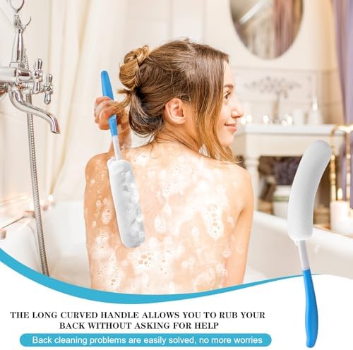 Sunnyray 2 Pack 15.35 Inch Long Anti-Slip Curve Handled Bath Body Brush, Body Back Bath Brush with Sponge Soft Blue Rubbing Back Shower Brush for Elderly Aid Bathing and Shower