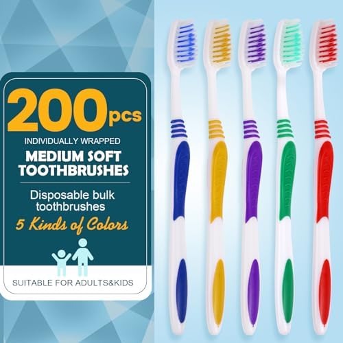 Navona 200 PCS Premium Individually Wrapped Bulk Toothbrush Pack, Disposable Toothbrushes, Kids Toothbrush, Medium Soft Bristle Toothbrushes, Ergonomics Handle, Perfect for Travel Hotel Donation