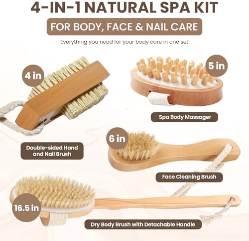 Wooden Bath Brush Set - Detachable Dry Body Brush, Natural Face Exfoliator, Facial Scrubbing Brush, Anticellulite Massager, Massaging Cellulite Remover, Cleaning Nail Brushing