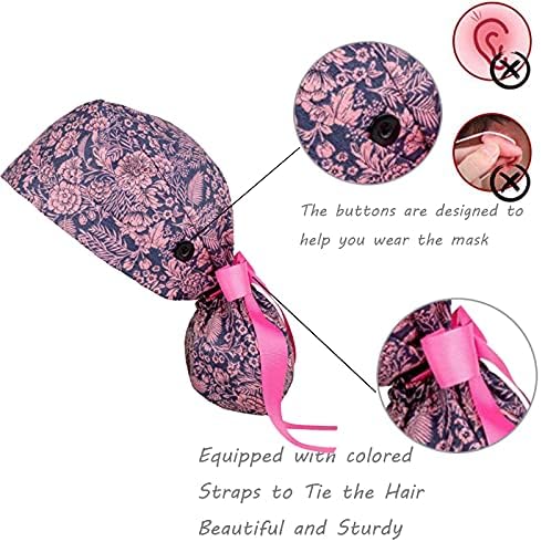 Surgery Cap Bouffant Caps Working Cap with Buttons and Ribbon Tie for Women, Long Hair