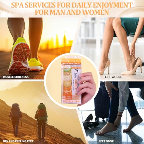 Pedicure Kit Foot Soak Set: Bubble Salt, Sugar Scrub, Massage Mask, Massage Lotion in a Box, 4 Step Foot Spa Kit for Dry Feet,Tired Feet（3 Set Tropical Fruit)