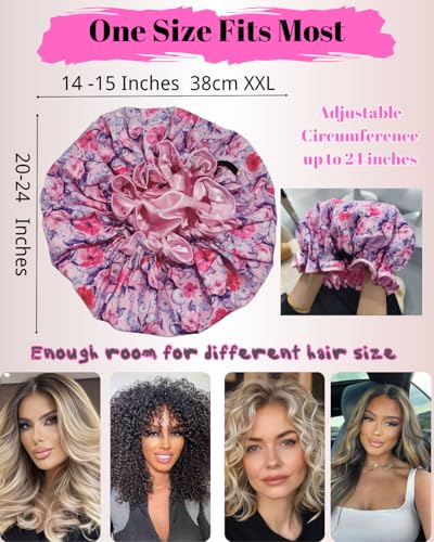 Luxury Shower Cap for Women Reusable Waterproof, Double Layered Shower Caps Bonnet with Adjustable Elastic Strap, Large Satin Lined Shower Bath Cap for All Hair Lengths-Ladies Gift Pink-Flower