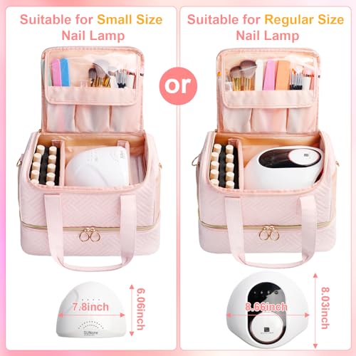 Nail Polish Organizer Bag Holds 50 Bottles (15ml/0.5fl.oz)& Nail Lamp, Soft Velvet Nail Kit Storage Carrying Case with Shoulder Strap, Double Layer Nail Supplies Organizer Handbag Women (Pink)