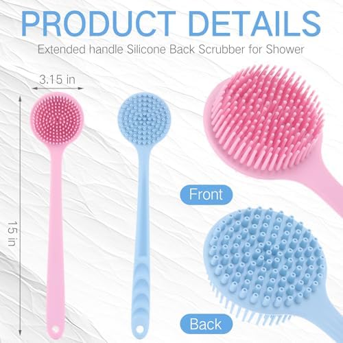 Sunnyray 2 Pack 15 Inch Soft Silicone Back Scrubber with Long Handle, Scrubber Anti Slip for Shower, Bath Body Brush, Improved Skin Health Can Produce Foam for Men and Women(Pink,Nordic Blue)