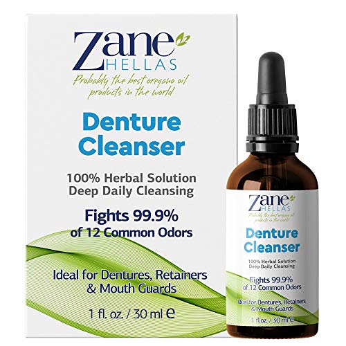 Zane Hellas Denture Cleaner. Oregano Oil Power. Ideal for Dentures, Retainers, Braces, Mouth Guards. Helps Remove Plaque, Tartar, Stains and Bad Odor. 100% Herbal Solution. 1 fl.oz.-30ml.