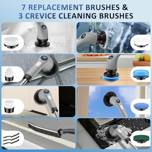 Electric Spin Scrubber, Full-Body IPX7 Waterproof Cordless Power Cleaning Brush with Adjustable Extension Handle, 2-Speed Shower Scrubber with 7 Replaceable Brush Heads for Bathroom, Kitchen, Grey