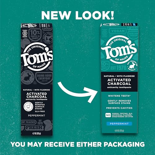 Tom's of Maine Natural Activated Charcoal Toothpaste with Fluoride, Peppermint, 4.0 Oz (Pack of 3)