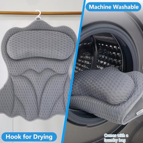 REEZEIVI Bath Pillows for Tub,Bath Pillow with 6 Non-Slip Suction Cups,Soft 4D Mesh Fabric,Bathtub Pillows for Tub Neck and Back Support,Extra Thick Luxury Bathtub Pillows,Grey