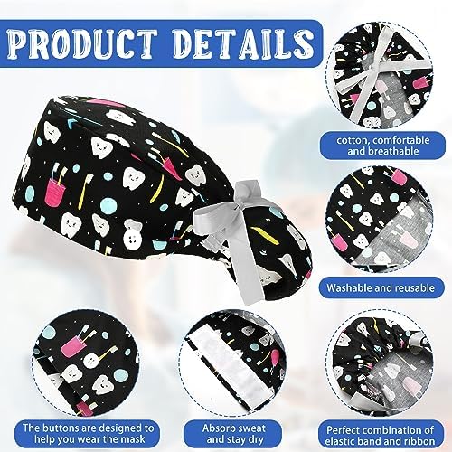 Honoson 6 Pcs Dental Scrub Caps Women Dentist Nursing Hats Adjustable Bouffant Nurse Hats Ponytail Turban Caps