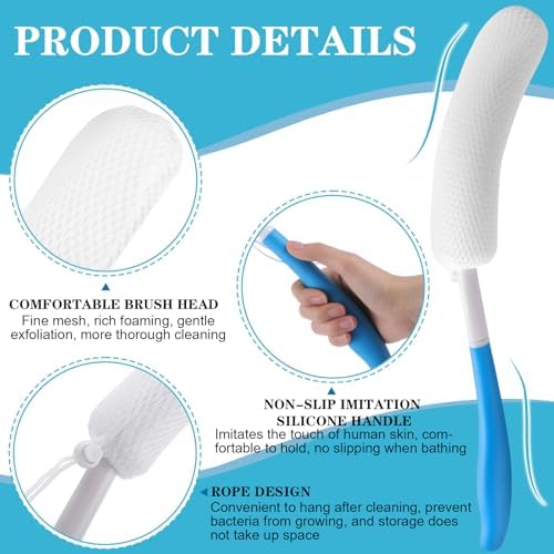 Sunnyray 2 Pack 15.35 Inch Long Anti-Slip Curve Handled Bath Body Brush, Body Back Bath Brush with Sponge Soft Blue Rubbing Back Shower Brush for Elderly Aid Bathing and Shower