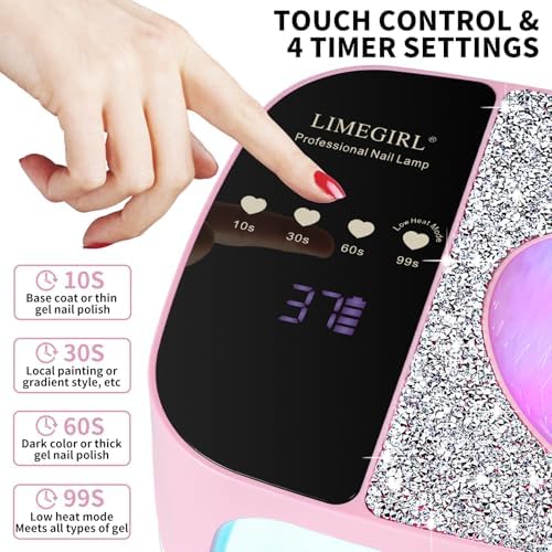 LimeGirl Cordless Nail Dryer for Gel Polish, UV LED Nail Lamp with Fast Curing UV Light & 4 Timer Settings, Portable Rechargeable Gel Lamp Nail Art Tool for Manicure Pedicure at Home & Salon (Pink)