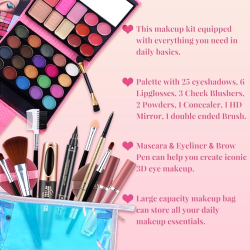 Makeup Set for Women Full Kit - 32 Colors Makeup Palette,5pcs Brushes Set, Mascara & Stamp Liquid Eyeliner, Eyebrow Pen, 2pcs Matte Liquid Lipsticks, 2 Powder Puff, 1 Cosmetic Bag Makeup Gift Set