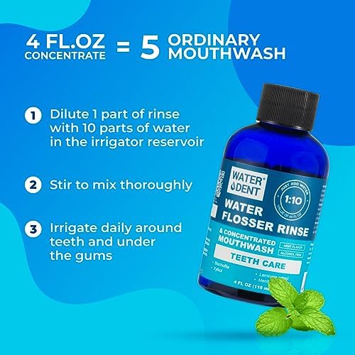 | Water Flosser Rinse, IRRIGANT, Concentrate Mouthwash | When dilluted1:10 = 44 fl.oz, Travel Size, Add to Oral irrigator, Mint Flavor, Alcohol & Fluoride Free. Made in USA | 4 fl.oz