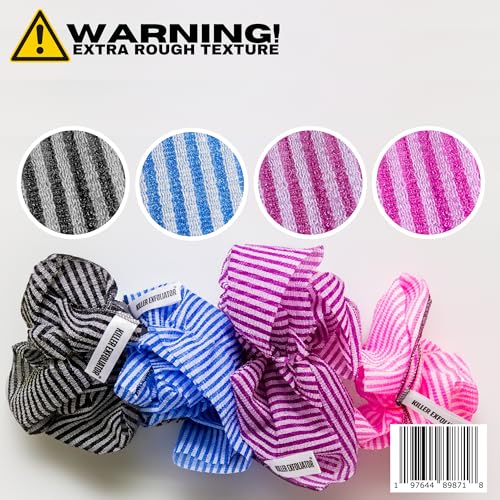 Premium Extra-Rough Japanese Exfoliating Body Scrubber: Extra Long, Hygienic, Body Scrubber Exfoliator for Men & Women - 4 Count Pack (Black, Blue, Purple & Pink)