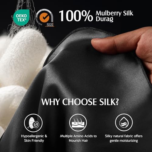YFONG 100% 22 Momme Mulberry Silk Durags for Men Women, Extra Long Strap Silky Durag, Breathable and Soft Do Rag for 360 Waves, Perfect for Nourishing Your Hair and Fashionable Outfits, 1Pc, Black