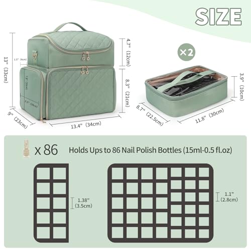 Extra Large Nail Polish Organizer Case Holds 86 to 100+ Bottles Nail Polish & Nail Lamp, Nail Supplies Storage Carrying Bag with 2 Removable Pouches, Portable Nail Tech Travel Box (Green, 86 Slots)