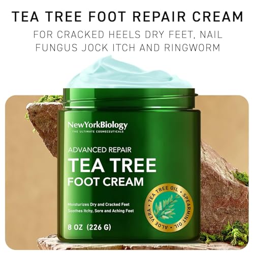 New York Biology Tea Tree Oil Foot Cream for Dry Cracked Feet, Athletes Foot, Nail Fungus, Jock Itch, Ringworm, Cracked Heels and Itchy Skin - Foot Cream - 8 oz - Pack of 2