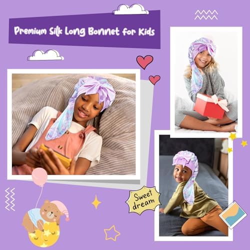 Lolalet Kids Bonnets for Girls, Long Silk Bonnet for Sleeping Kids Satin Bonnet Cap with Tie Band for Dreadlocks Braid Afro Curly Hair -1 PCS, Laser