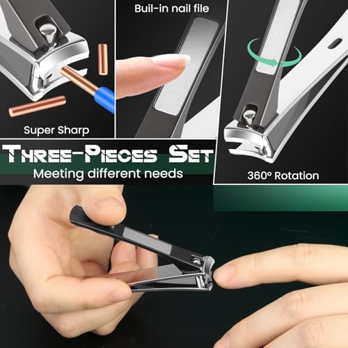 Toenail Clippers&Nail Clippers for Seniors Thick Nails - Professional Nail Clippers Set for Men/Women, Manicure Kit with Angled Head, Stainless Steel Toe Nail Cutter & File (Black(BC))