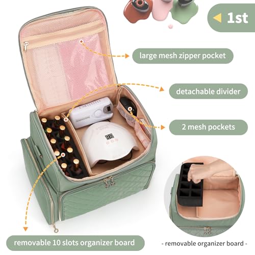 Extra Large Nail Polish Organizer Case Holds 86 to 100+ Bottles Nail Polish & Nail Lamp, Nail Supplies Storage Carrying Bag with 2 Removable Pouches, Portable Nail Tech Travel Box (Green, 86 Slots)
