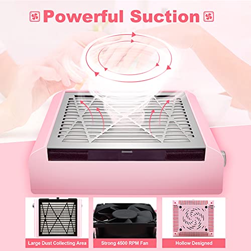 Nail Dust Collector with Brush and 2 Reusable Filters, 60W Vacuum Dust Fan for Acrylic Nails (pink)