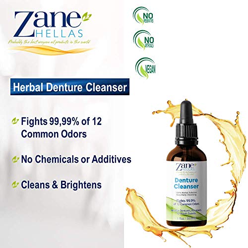 Zane Hellas Denture Cleaner. Oregano Oil Power. Ideal for Dentures, Retainers, Braces, Mouth Guards. Helps Remove Plaque, Tartar, Stains and Bad Odor. 100% Herbal Solution. 1 fl.oz.-30ml.