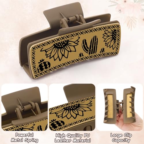 Western Leather Hair Claw Clips Sunflower Floral Square Claw Clips for Hairstyling Southwest Cow Print Cowhide Hair Accessories Large Aesthetic Western Cowgirl Stuff Gift for Women Girls